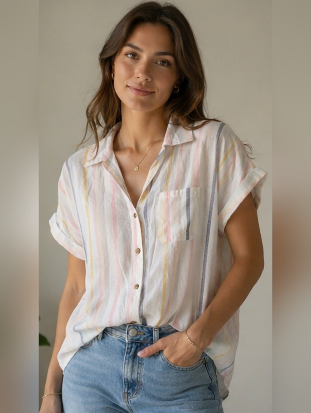 Pink Rose Women's 100% Cotton White Pastel Stripe Button-Down Shirt Medium